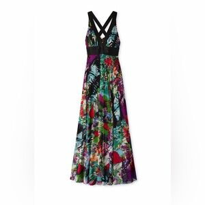 ALBERTO MAKALI Beaded Maxi Dress with Tropical Floral Print Size 2